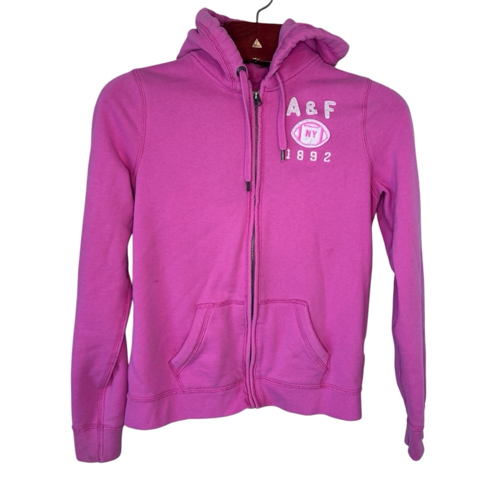VTG Abercrombie & Fitch Pink Hooded Zip Sweatshirt Logo Sequin Beaded Y2K